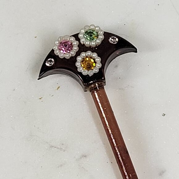 Vintage Bakelite Hair Stick 6" Brown Rhinestones Pearls - Picture 11 of 12